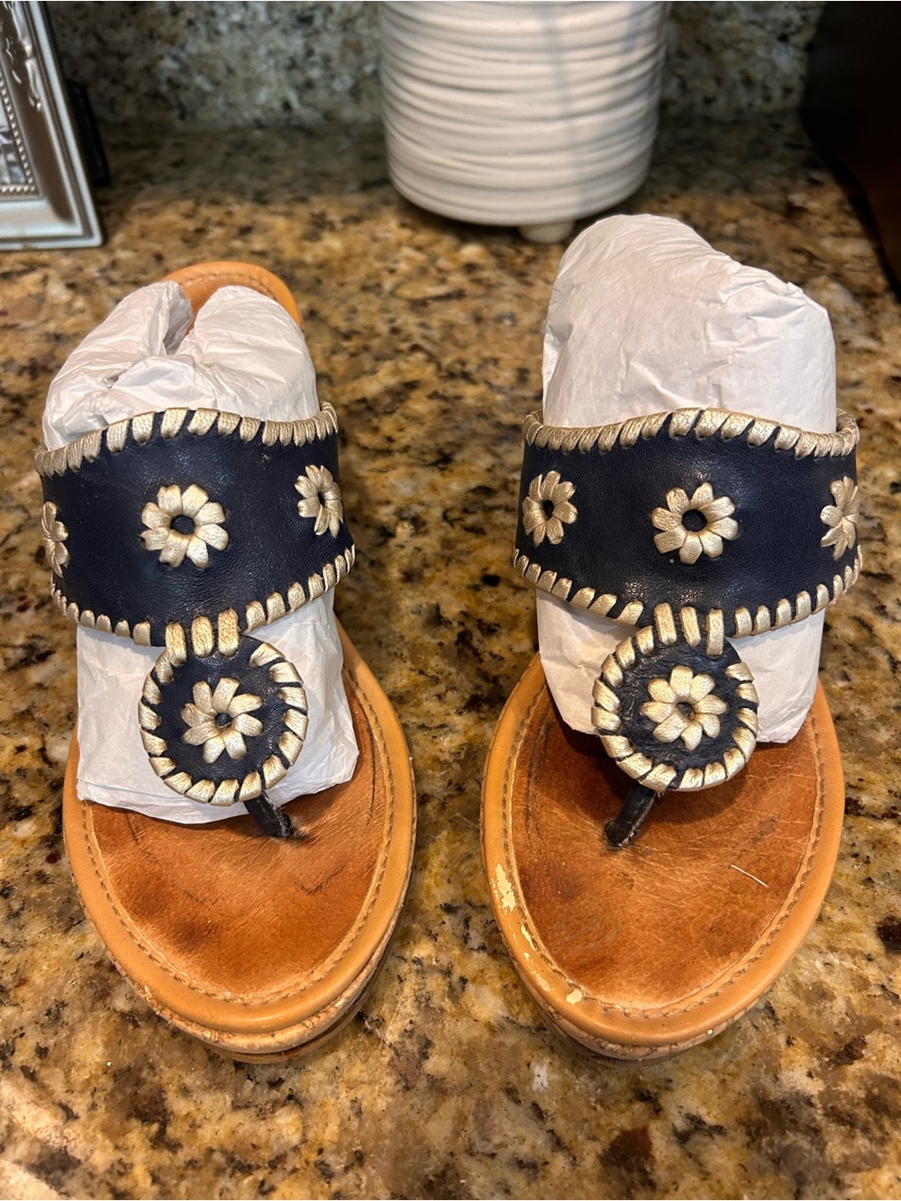 Women's Navy Leather Toe-Post Sandals with Gold Floral Accent